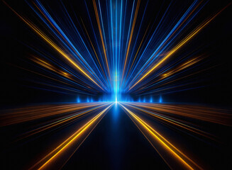 Abstract image of glowing lines converging at a vanishing point, creating a sense of speed and movement.  The colors are predominantly blue and gold against a dark background.