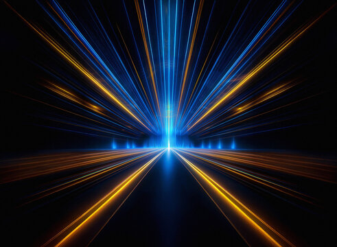 Abstract image of glowing lines converging at a vanishing point, creating a sense of speed and movement.  The colors are predominantly blue and gold against a dark background. - Powered by Adobe