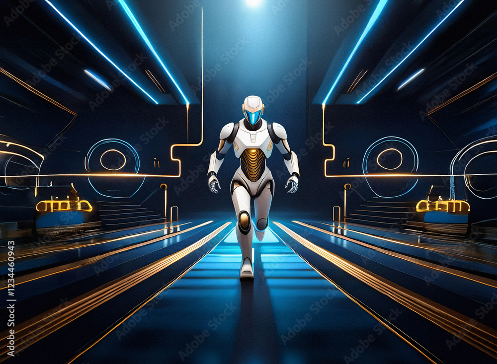 Poster a futuristic robot strides down a glowing, neon-lit corridor. the metallic humanoid figure is white 