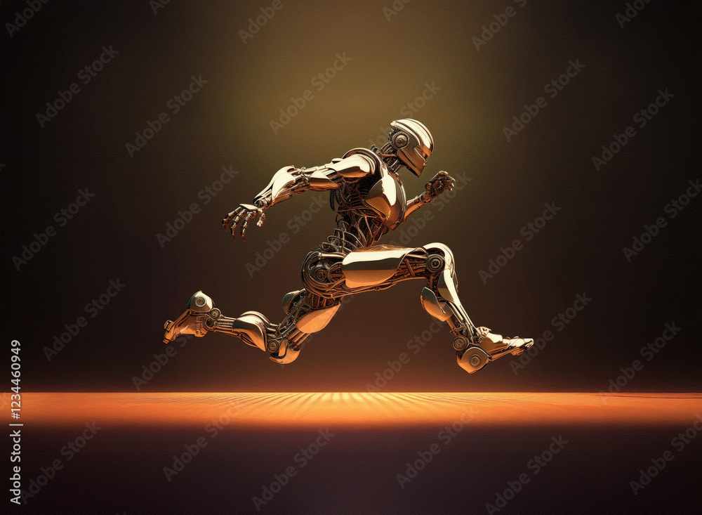 Aufkleber A golden robotic figure, sleek and powerful, sprints across an illuminated surface.  Its design suggests speed and advanced technology.