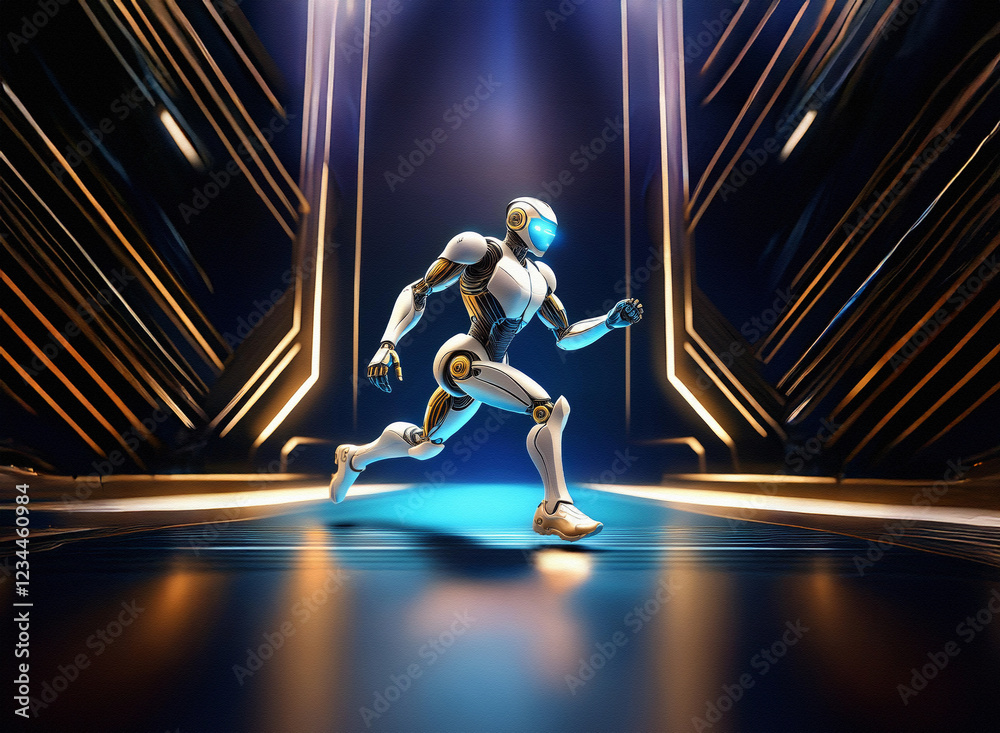 Poster a futuristic robot runs through a sleek, glowing corridor. the scene is rendered in vibrant blues, g