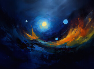 Obraz premium Abstract cosmic landscape painting. A swirling blend of blues, oranges, and dark hues depict celestial bodies and a mysterious, dreamlike terrain.