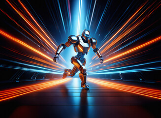 A chrome robot runs towards the viewer through a futuristic, neon-lit corridor.  Dynamic light streaks emanate from the center, creating a sense of intense speed and energy.