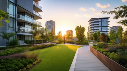 Fototapeta premium A beautifully landscaped residential area basks in the golden glow of sunset, representing modern living and serene nature.