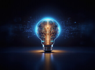 A glowing lightbulb, its interior resembling a circuit board, radiates innovation and technological advancement against a dark background.  The image suggests a bright idea or breakthrough.
