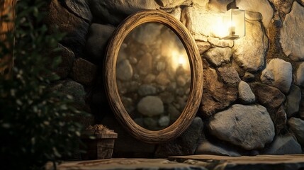 A rustic oval mirror with a wooden frame placed next to a lantern and stone wall in a dimly lit room