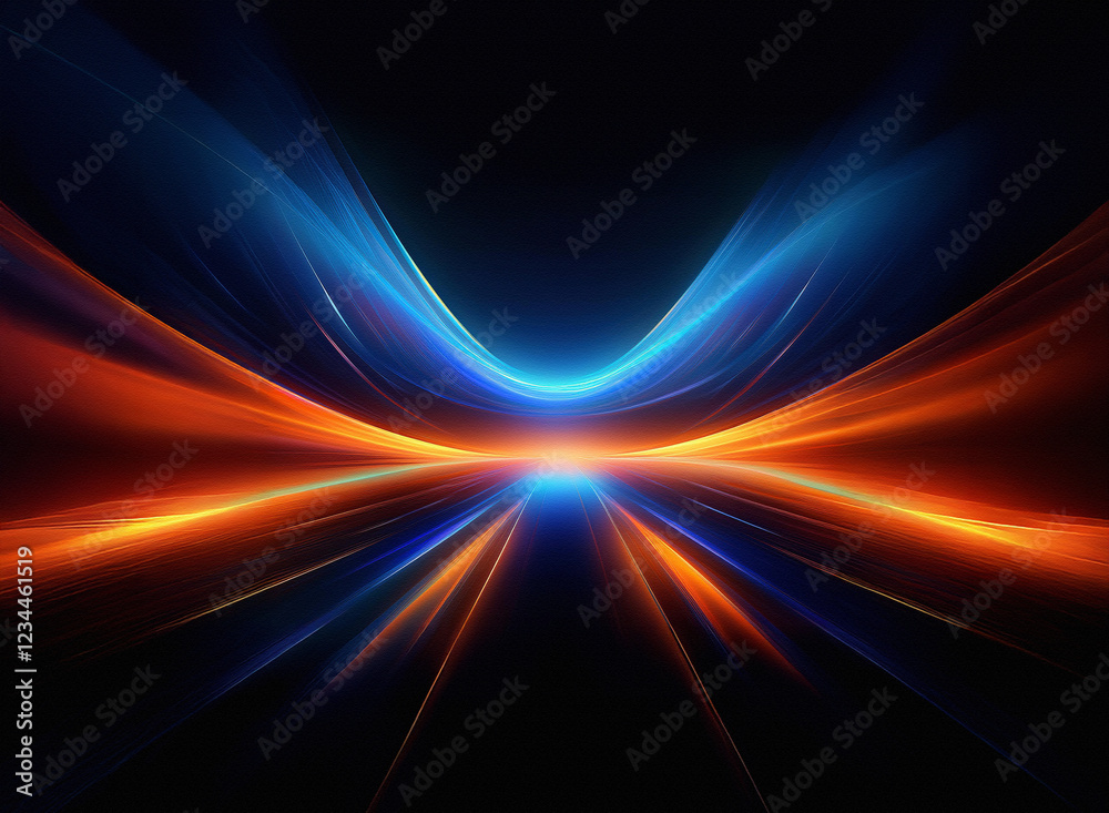 Poster abstract image of vibrant, glowing blue and orange light streaks converging at the center, creating 