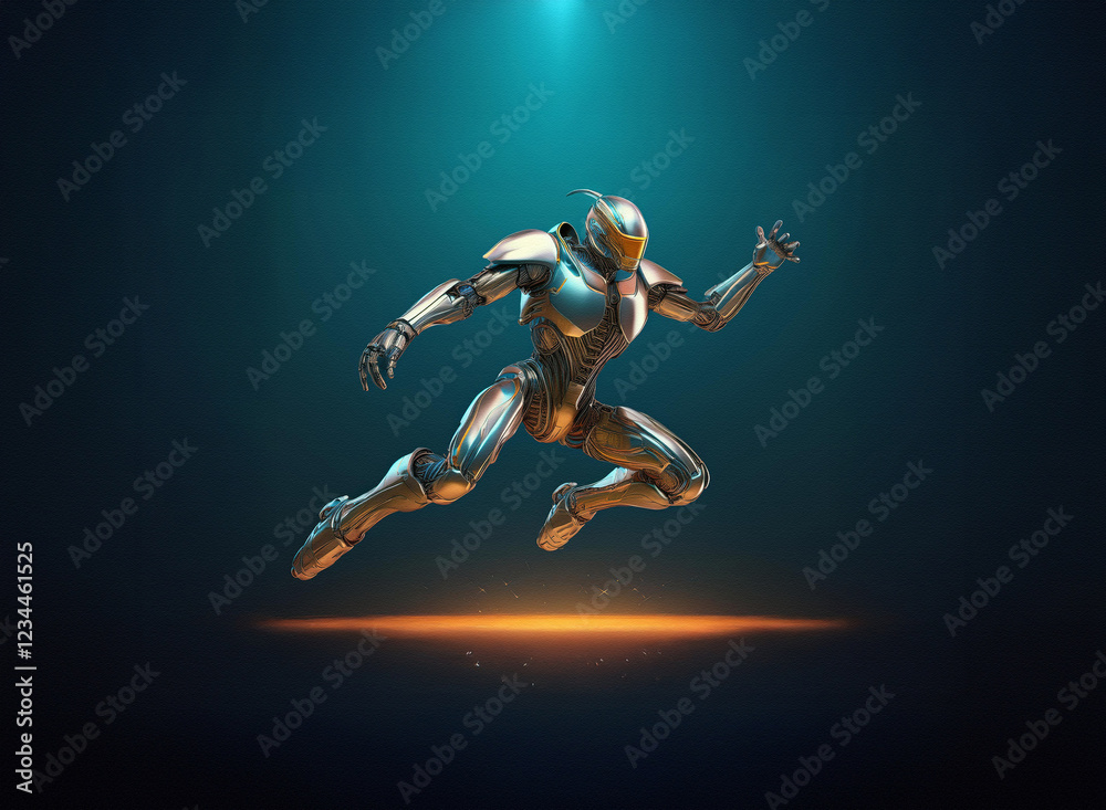 Aufkleber a metallic humanoid robot leaps through a dark teal space, illuminated by a bright spotlight. its sl