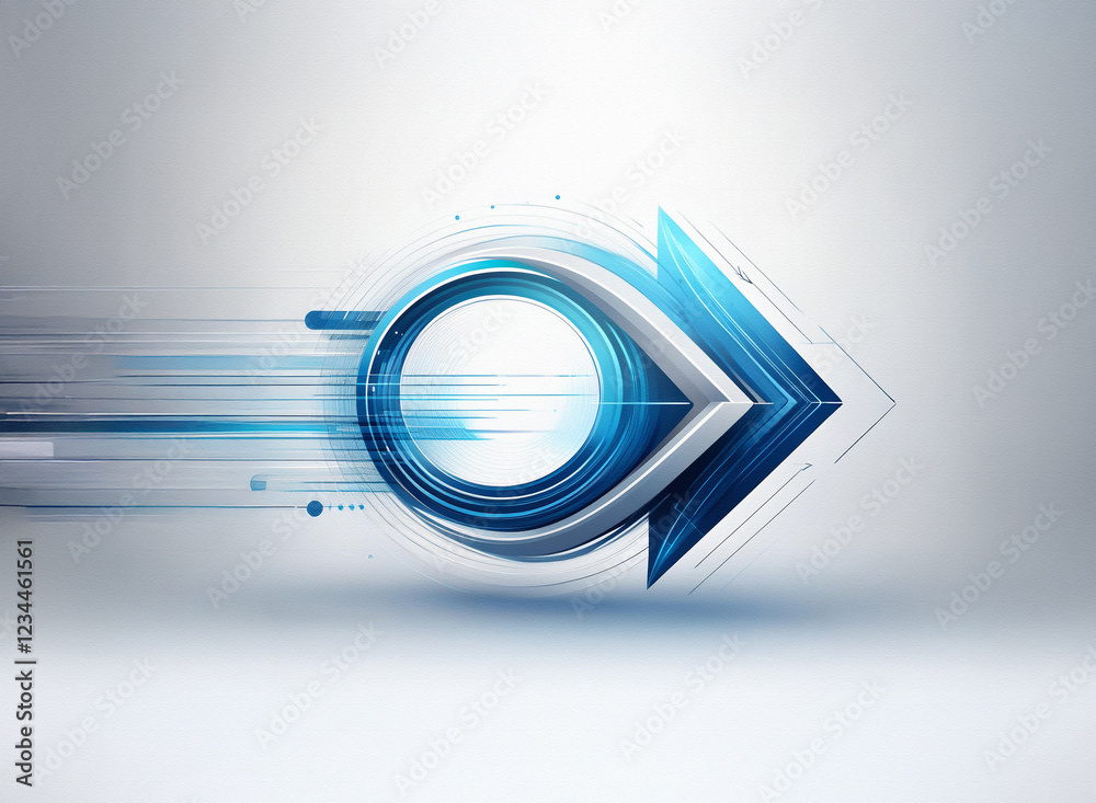 Poster abstract digital artwork featuring a dynamic, blue and grey arrow circling a central sphere. speed a