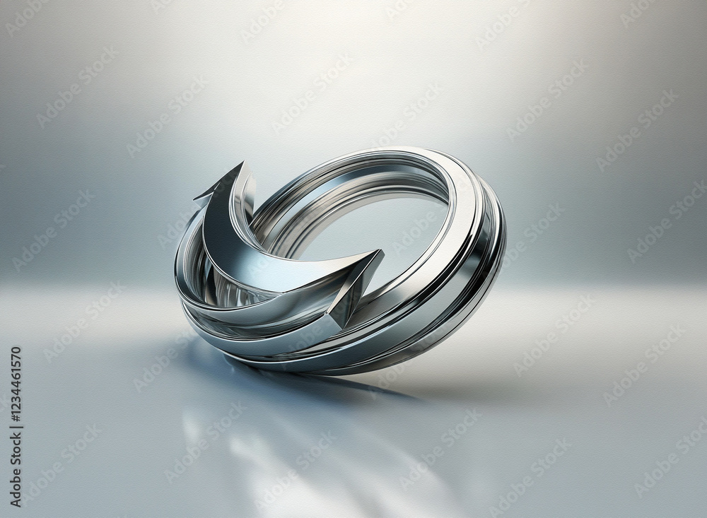 Poster Abstract 3D rendering of silver metallic arrows forming a circular loop.  Reflecting surface suggests polished metal.  The design implies continuous progress or cyclical movement.