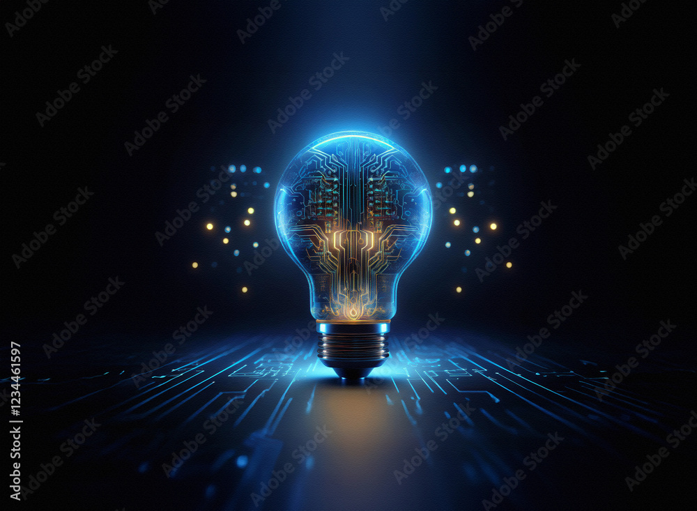 Poster A glowing lightbulb, its filament replaced by intricate circuitry, sits on a digital surface.  Surrounding particles radiate, symbolizing innovation and technological advancement.
