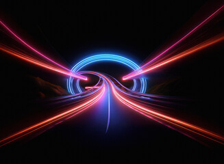 A vibrant, neon-lit highway curves through a dark, futuristic tunnel.  Bright pink and blue light streaks illuminate the path, creating a sense of speed and energy.  A glowing circle hangs above the r