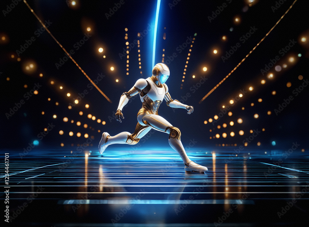 Poster a futuristic robot, sleek and white with gold accents, runs across a glowing, digital platform. brig