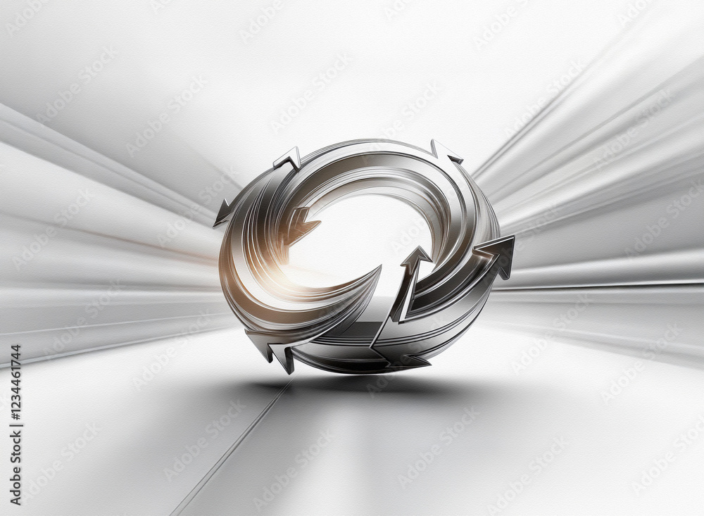 Poster abstract 3d rendering of metallic arrows forming a circular, swirling motion against a blurred, brig
