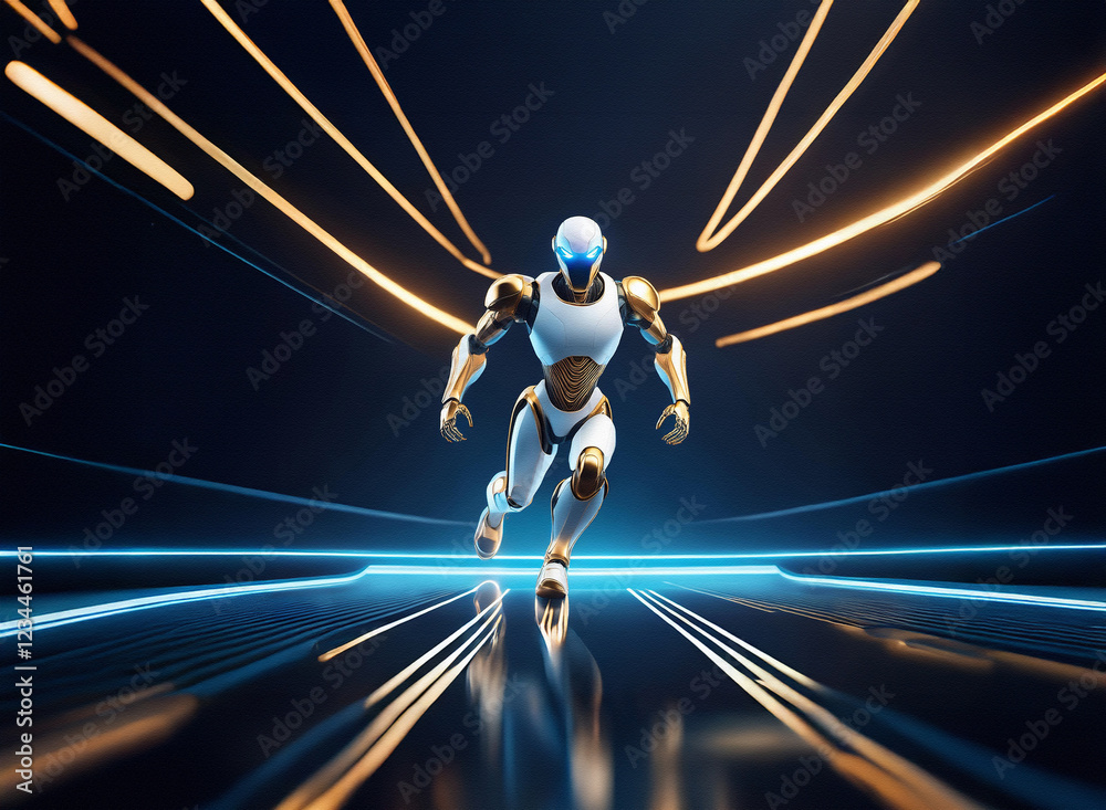 Poster a futuristic white and gold robot runs forward, propelled by glowing trails of light. its design is 
