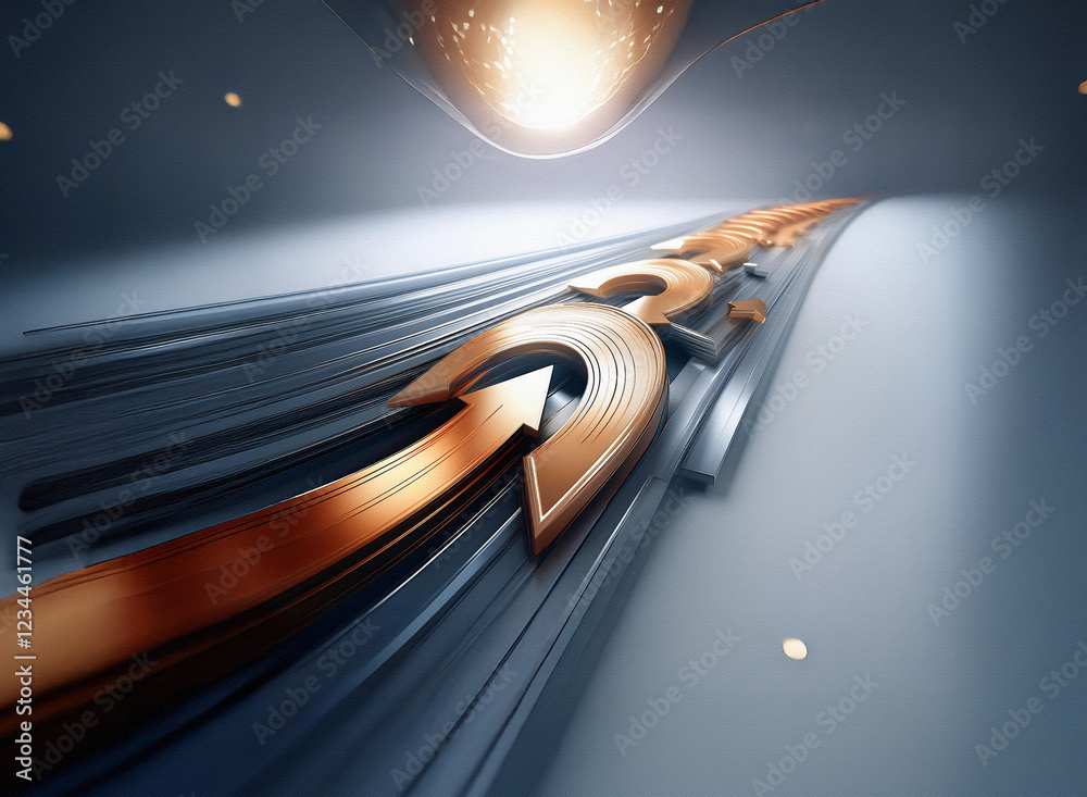 Poster Abstract 3D rendering of metallic arrows converging towards a bright light source, suggesting a journey or path to success.  The design emphasizes forward motion and progress.