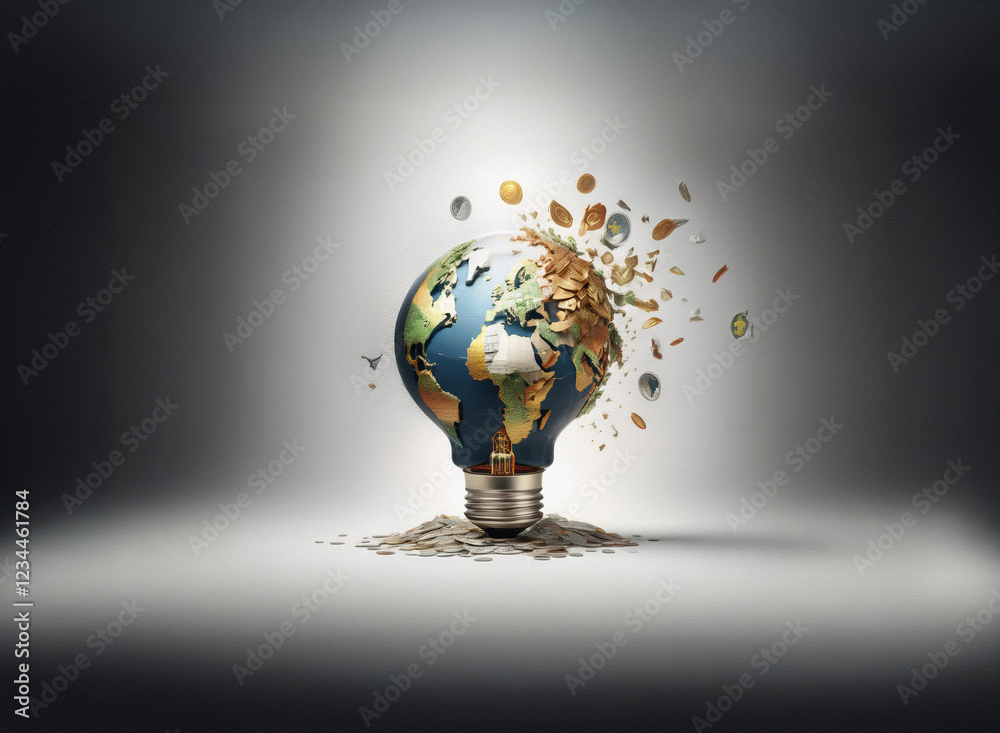 Poster a shattered lightbulb, shaped like earth, explodes with gold and metallic fragments, symbolizing glo