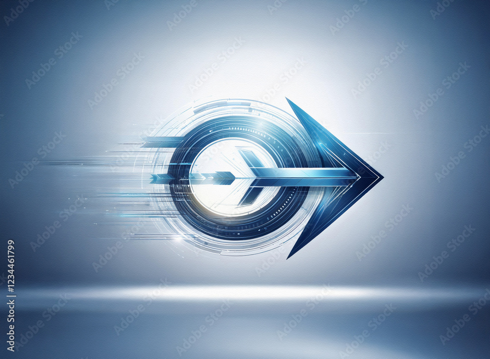 Poster Futuristic arrow design, signifying rapid technological advancement and progress.  Blue hues and motion blur convey speed and innovation.