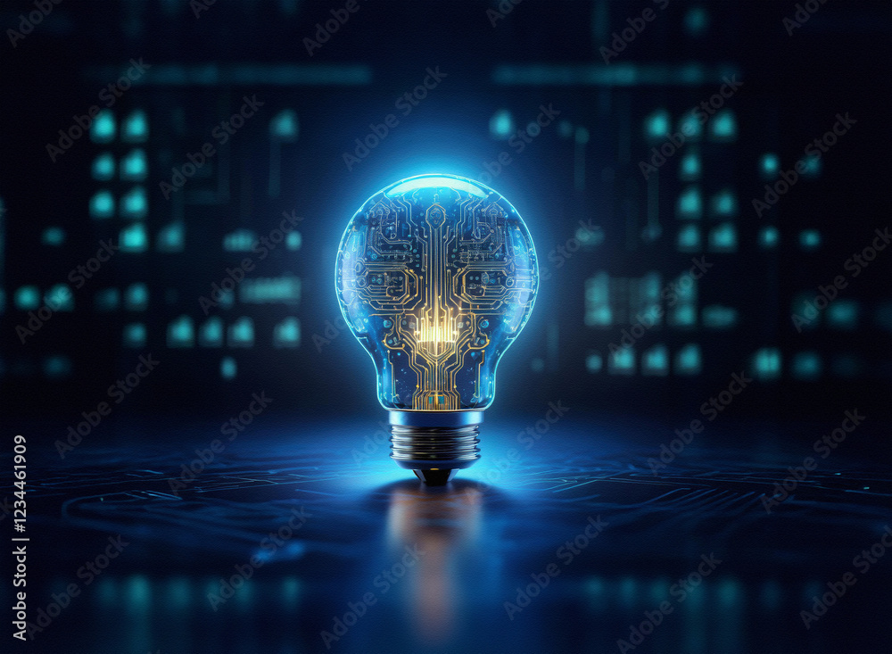 Fototapete A glowing lightbulb, its filament replaced by intricate circuitry, sits on a reflective surface against a backdrop of digital patterns.  It symbolizes innovation and technological advancement.