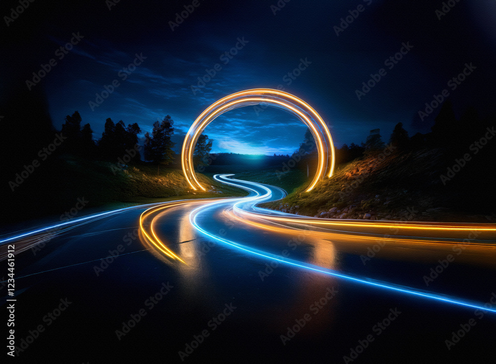 Aufkleber a winding road at night, illuminated by vibrant light trails, passes through a luminous circular por