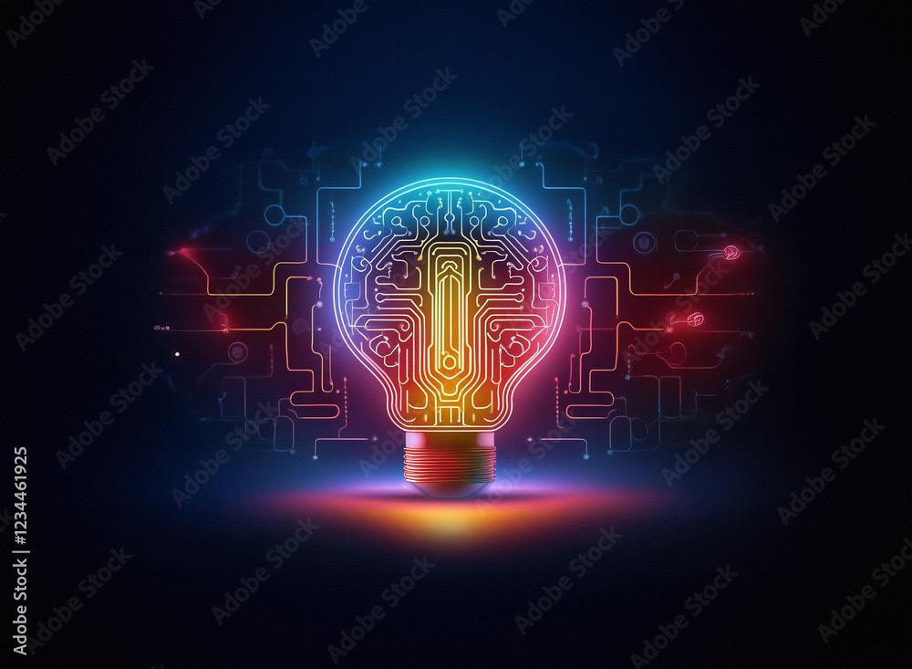 Poster A glowing lightbulb, its filament replaced with intricate circuitry, sits against a backdrop of neon digital pathways, symbolizing innovative technology and bright ideas.
