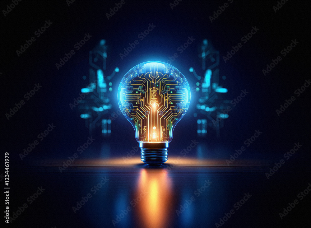 Poster A glowing lightbulb, its filament replaced by intricate circuitry, radiates innovation and technological advancement.  Surrounding it, abstract digital forms suggest a network connection and progress.