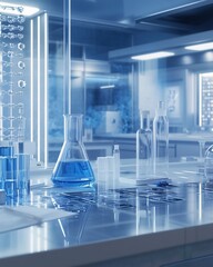 Chemical laboratory workspace with clear glass bottles and lab apparatus in a clean, bright environment