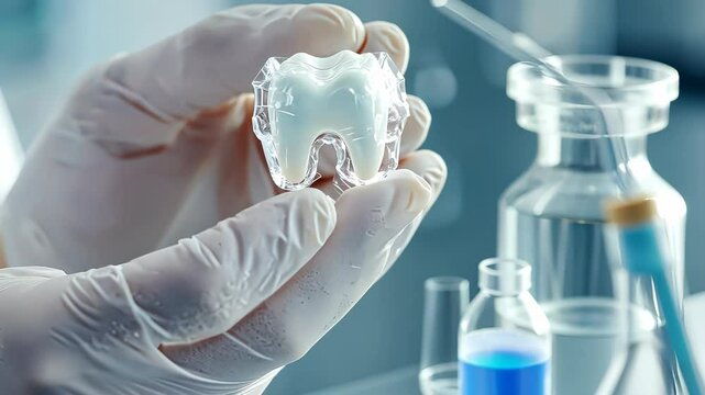 video Close up 3d of gloved hand holding a perfect tooth model, representing oral healthy and dental care in a clinic setting video