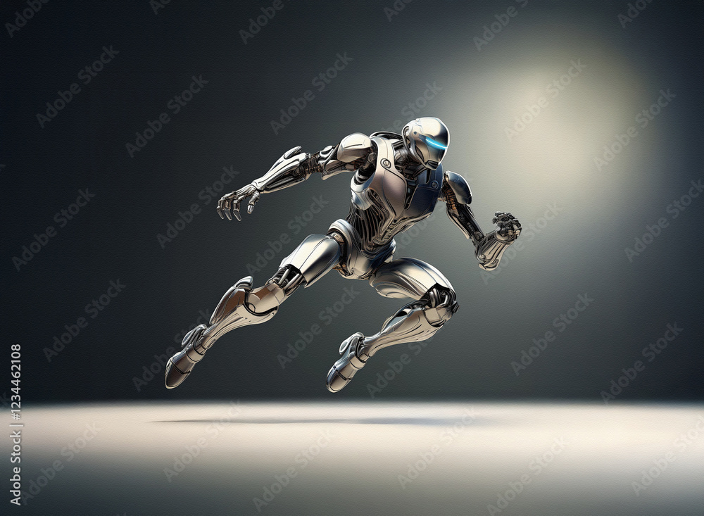 Poster a sleek, metallic robot leaps forward, its powerful form suggesting speed and agility. the dynamic p