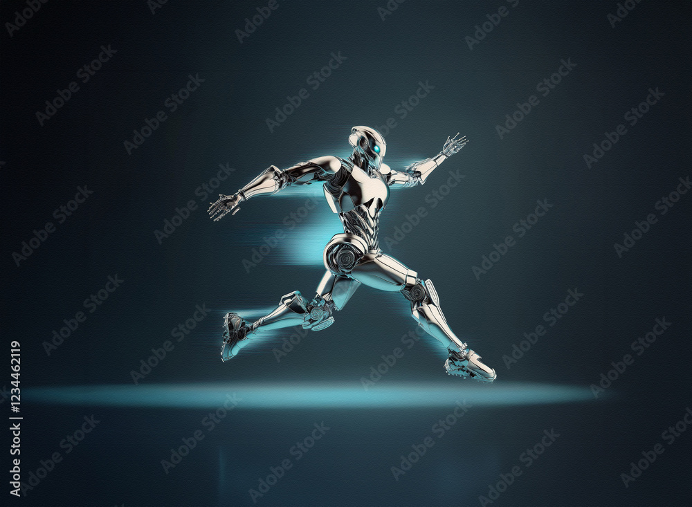 Poster A chrome robot, sleek and powerful, runs dynamically across a dark, illuminated platform.  Its movement suggests speed and futuristic technology.