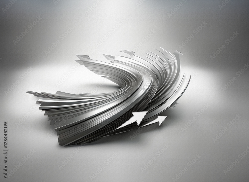 Poster Abstract 3D rendering of metallic arrows curving in a dynamic, upward motion, suggesting progress and growth.  The sleek, silver design evokes a sense of speed and momentum.