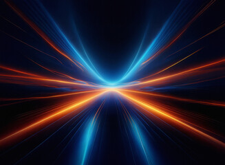 Abstract image of vibrant orange and blue light streaks converging at the center, creating a dynamic, symmetrical effect suggesting speed and energy.  The dark background emphasizes the luminosity.