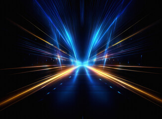 Abstract digital art depicting vibrant blue and orange light streaks converging towards a central...