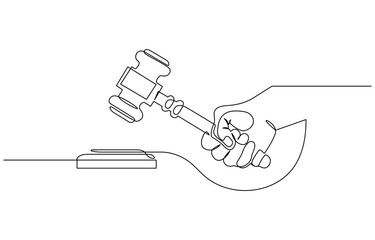 Continuous line drawing of the judge's hand tapping the gavel.one line drawing, One continuous single drawing line art flat doodle judge, court, gavel, law, legal, justice, hammer, gavel in the judge.