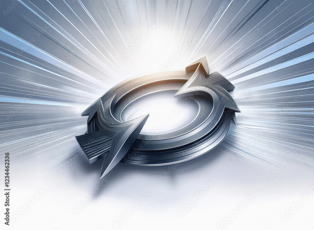 Poster Abstract image of two metallic arrows forming a circular, continuous loop against a radiating, bright background.  This symbolizes continuous improvement, cyclical process, or endless movement.