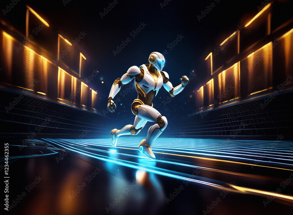 Poster a futuristic robot, sleek and white with gold accents, sprints across a glowing track in a dark, tec