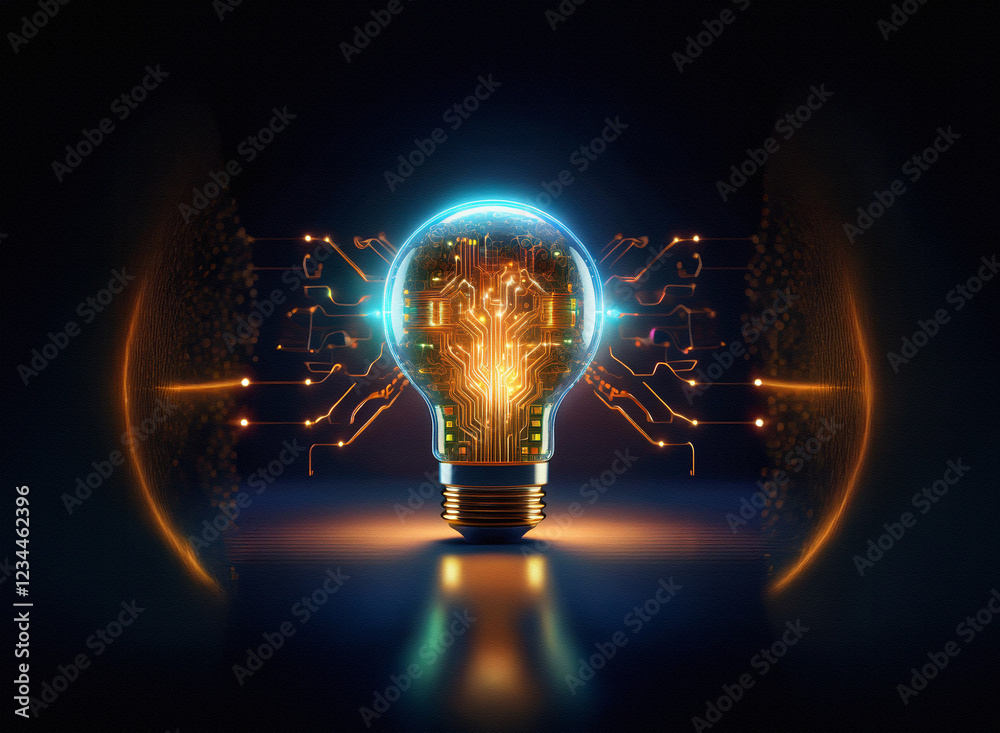 Poster a glowing lightbulb, its filament replaced by a circuit board, symbolizes innovation and technologic
