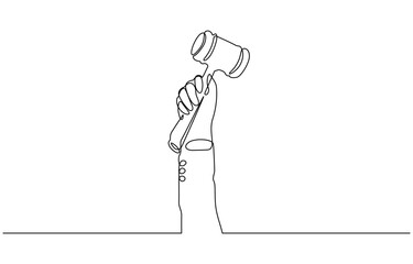 Continuous line drawing of the judge's hand tapping the gavel.one line drawing, One continuous single drawing line art flat doodle judge, court, gavel, law, legal, justice, hammer, gavel in the judge.