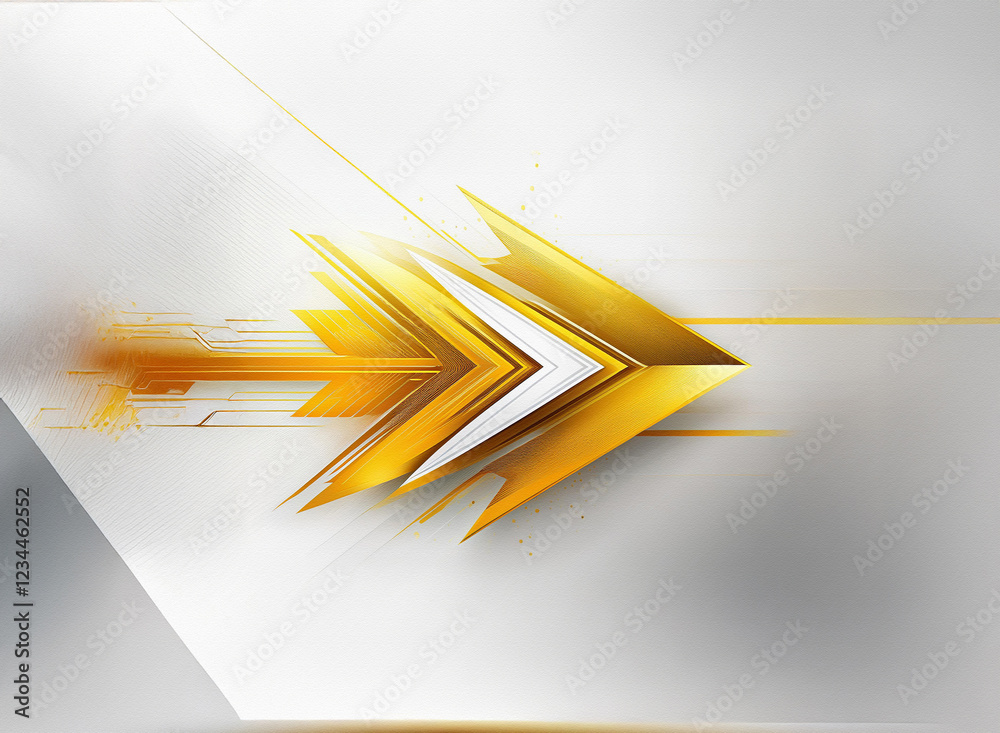 Poster a dynamic gold arrow, layered and gleaming, streaks across a blurred, white background. its design i