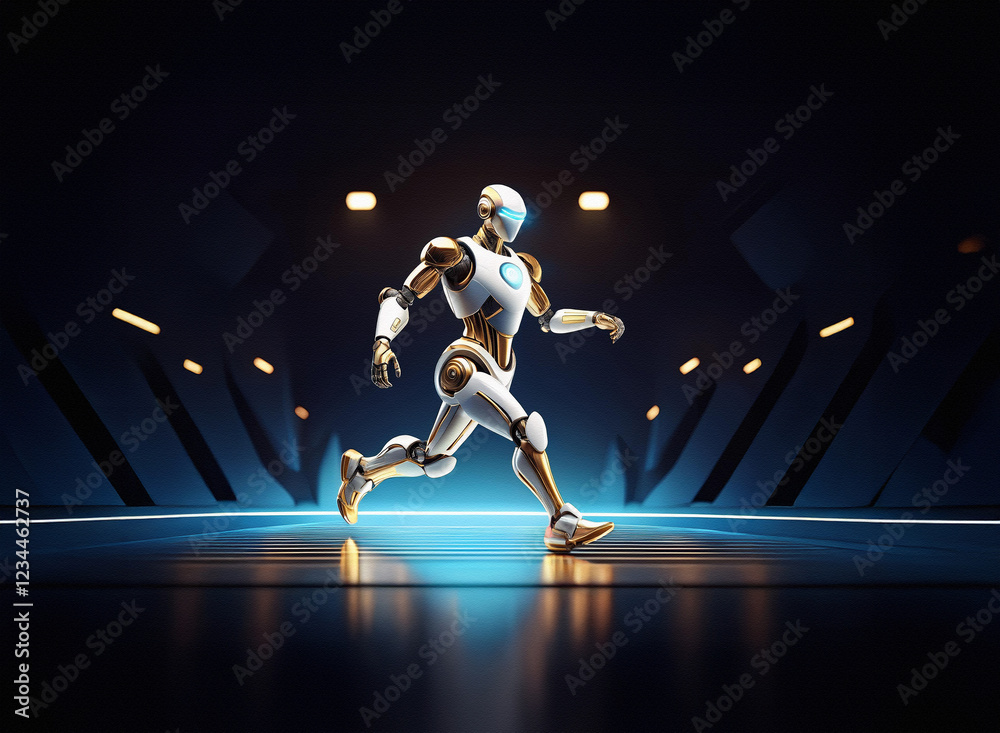 Aufkleber A futuristic android runs across a glowing, dark corridor.  Its metallic body gleams, showcasing advanced robotics.  The scene is sleek and technologically advanced.