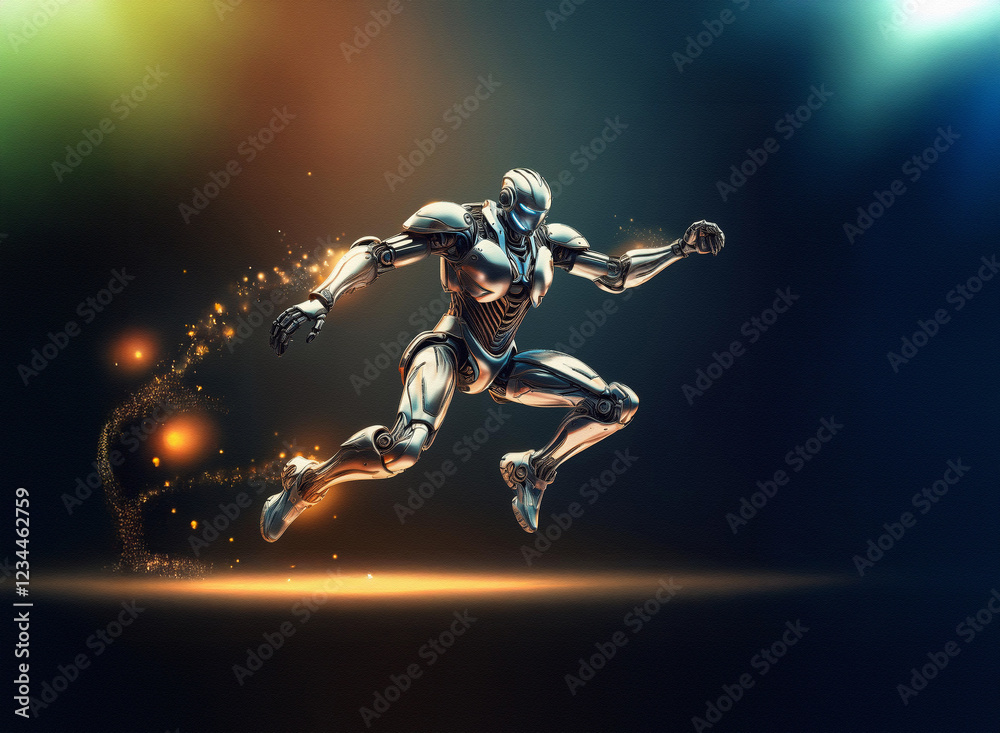 Aufkleber A chrome robot, dynamic and powerful, leaps forward, trailing glowing particles.  Its metallic form gleams against a dark background illuminated by vibrant lights.