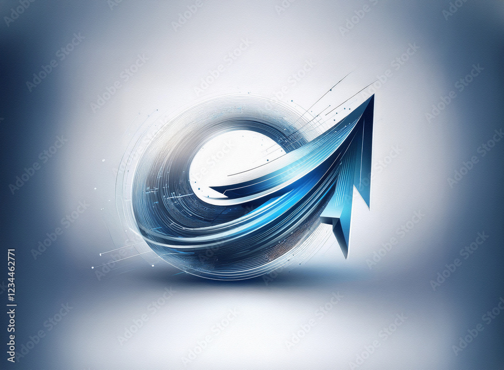 Poster abstract 3d artwork featuring a swirling, dark blue sphere with metallic-looking, upward-pointing ar