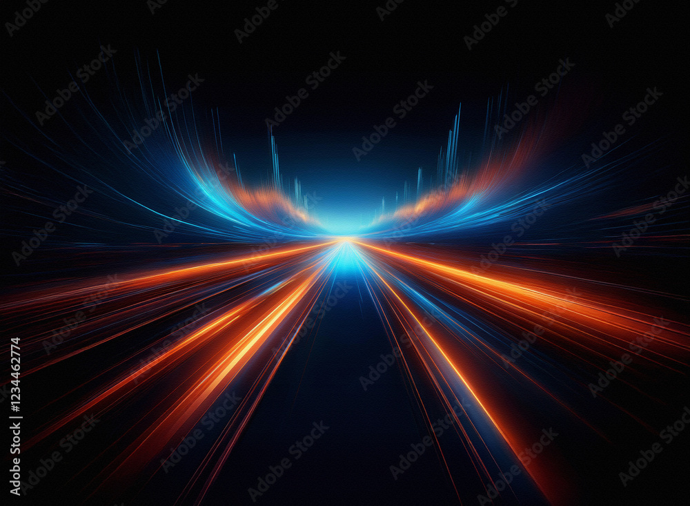 Poster abstract image depicting a dynamic, high-speed light trail effect. the vibrant streaks of blue and o