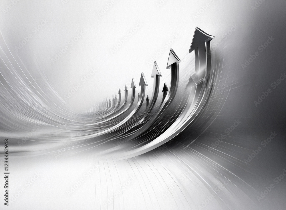 Poster abstract image of multiple metallic arrows curving upward on a dynamic, light gray background, sugge