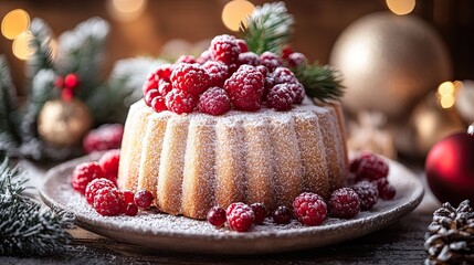 Delicious pandoro with berries and icing sugar in a festive Christmas setting 