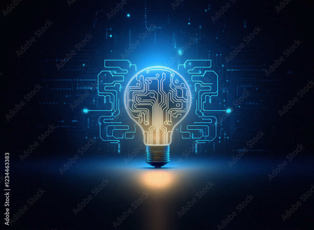 Poster A glowing lightbulb, its filament replaced by a circuit board, sits against a dark background of digital circuitry, symbolizing innovation and technological advancement.