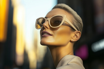 Confident Young Woman with Sleek Style Gazing Upward Against Urban Background with Copy Space