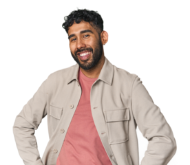 Young Hispanic man isolated confident keeping hands on hips.