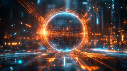 Obraz premium A glowing sphere surrounded by digital patterns and light effects. Ideal for sci-fi or tech innovation themes.