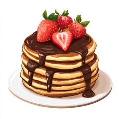 A stack of fluffy pancakes with chocolate sauce and strawberries, isolated white background, pop art style